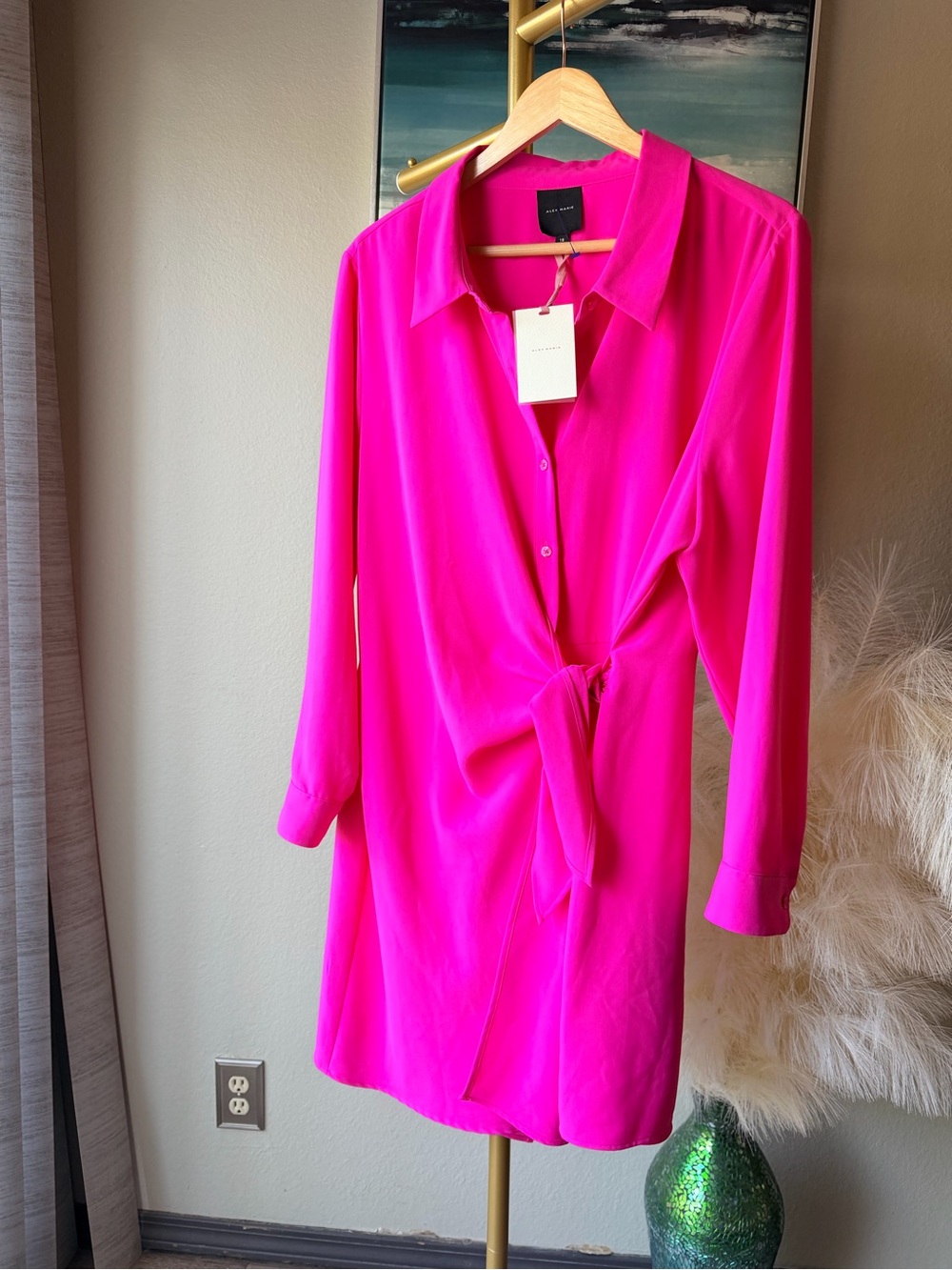 Alex Marie Vibrant Hot Pink Tie-Waist Shirt Dress